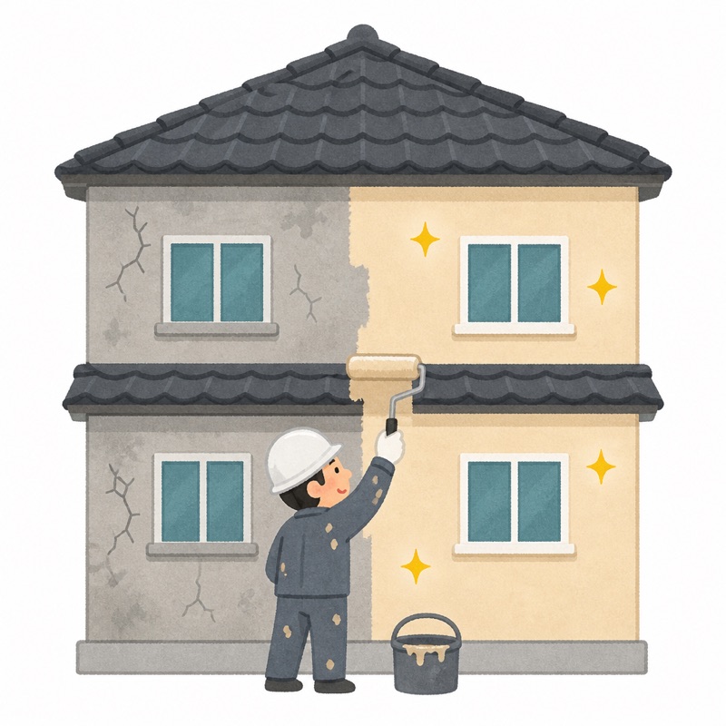 外壁をローラーで塗り替える塗装屋のイラスト